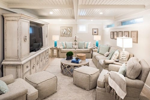 Basement addition remodel in beige and gray neutral tones.