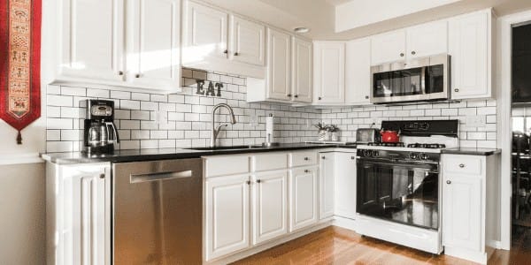 Kitchen remodel with white subway tile.