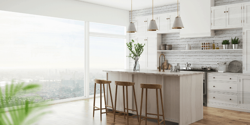Kitchen remodel with white brick and hues.