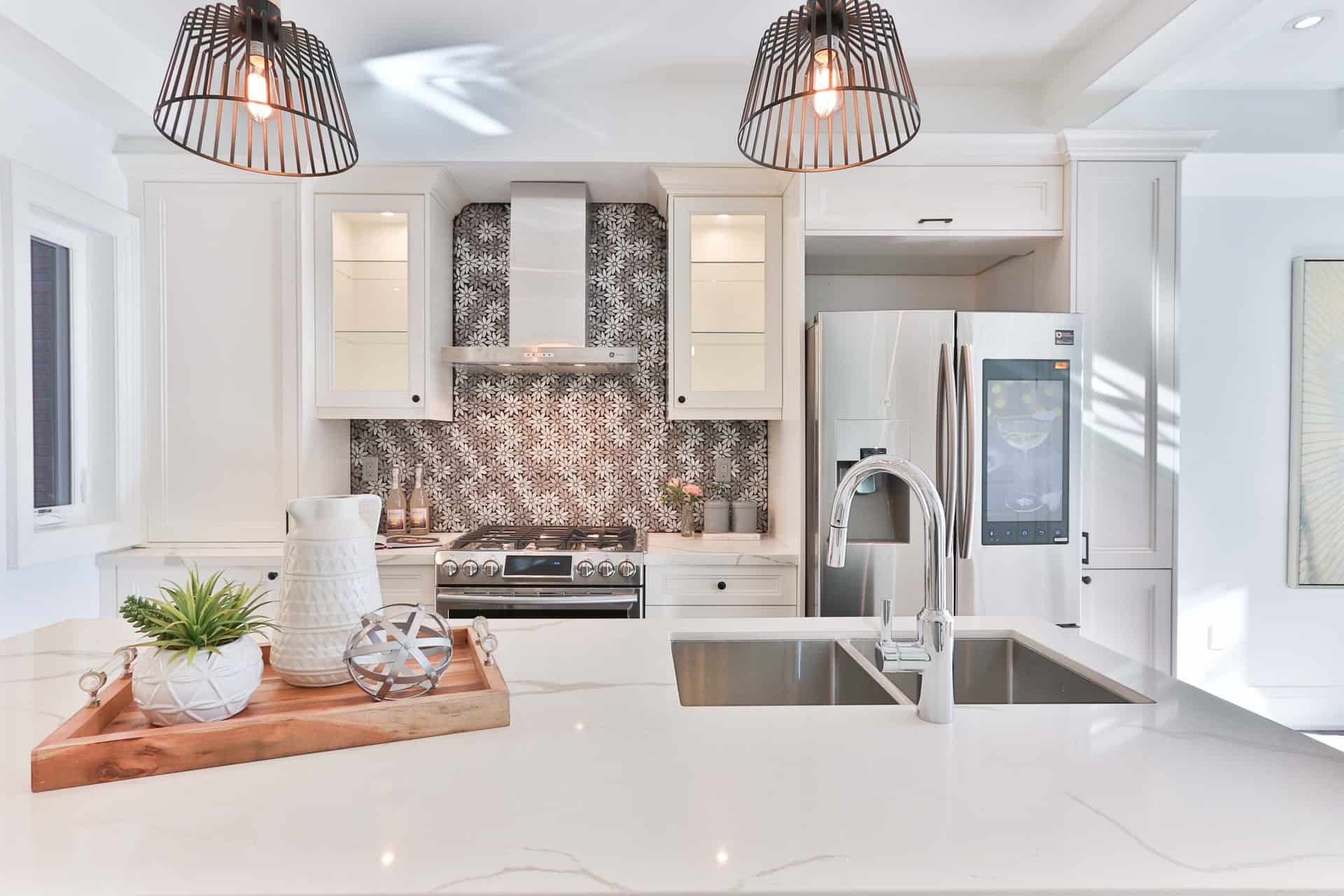 Kitchen remodel with silver details.