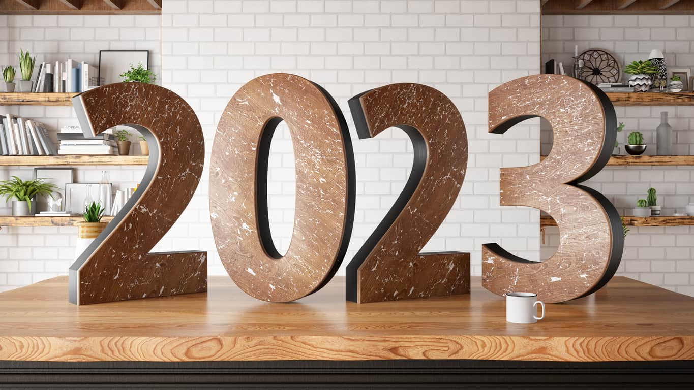 2023 wooden sign on a table
