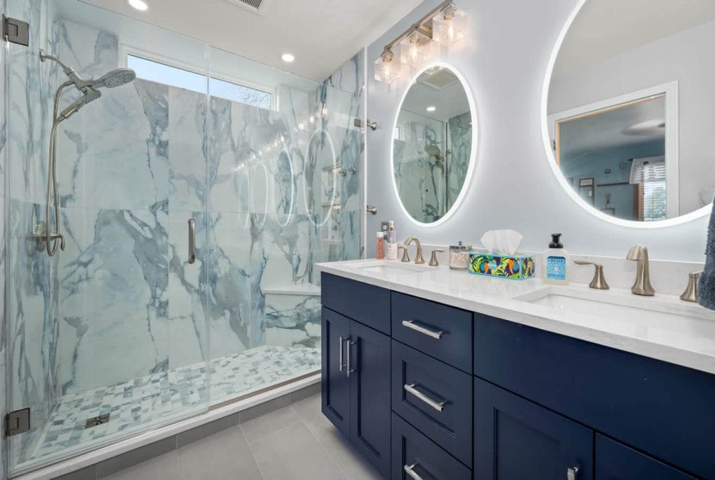 Bathroom remodel with a caption reading "Elevated."